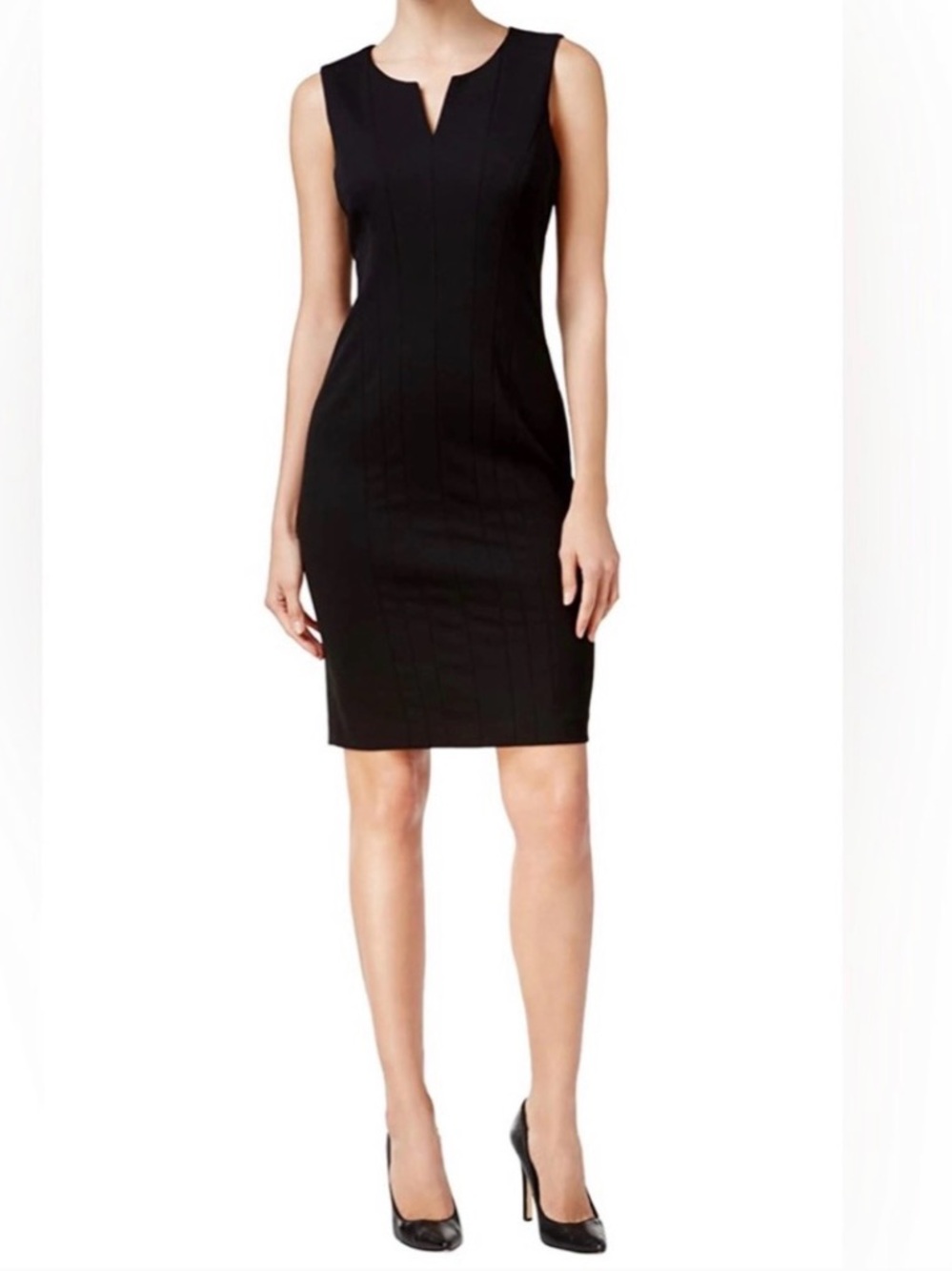 Calvin Klein Black Sleeveless Notched V-Neck Seamed Sheath Cocktail Dress Sz 8 - Picture 15 of 16